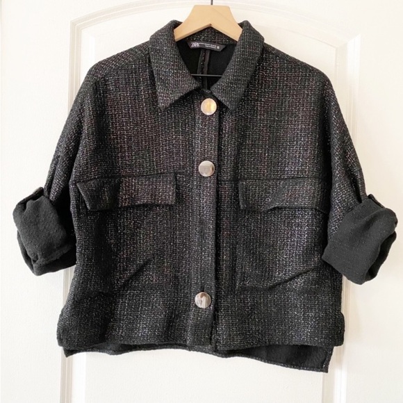 ZARA Black Metallic Button Front Shacket Cardigan - Picture 5 of 8